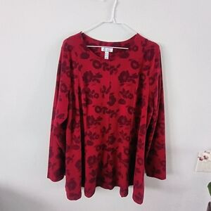 D&Co Red Floral Tunic Top Long Sleeve Soft Knit Casual Blouse Womens L